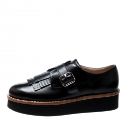 Pre Owned Tod's Black And Navy Blue Leather Fringe Detail Platform Loafers Size 41