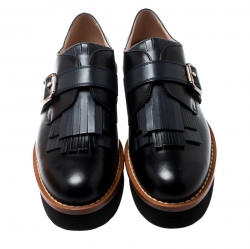 Pre Owned Tod's Black And Navy Blue Leather Fringe Detail Platform Loafers Size 41