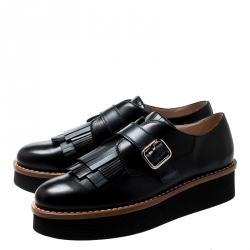 Pre Owned Tod's Black And Navy Blue Leather Fringe Detail Platform Loafers Size 41