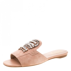 Pre Owned Tod's Limited Edition Pale Pink Suede Crystal Embellished Peep Toe Flat Slides Size 38