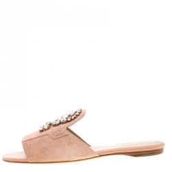 Pre Owned Tod's Limited Edition Pale Pink Suede Crystal Embellished Peep Toe Flat Slides Size 38