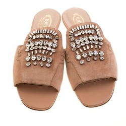 Pre Owned Tod's Limited Edition Pale Pink Suede Crystal Embellished Peep Toe Flat Slides Size 38
