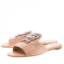 Pre Owned Tod's Limited Edition Pale Pink Suede Crystal Embellished Peep Toe Flat Slides Size 38