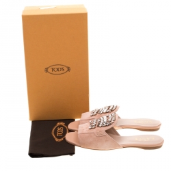 Pre Owned Tod's Limited Edition Pale Pink Suede Crystal Embellished Peep Toe Flat Slides Size 38