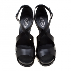 مملوكة مسبقًا Tod's Black Leather Cross Ankle Strap Platform Sandals Size 37
