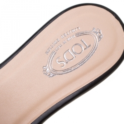 Pre Owned Tod's Limited Edition Black Leather Crystal Embellished Bow Peep Toe Flat Slides Size 38