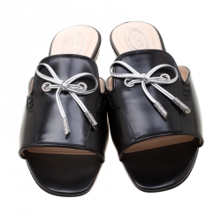 Pre Owned Tod's Limited Edition Black Leather Crystal Embellished Bow Peep Toe Flat Slides Size 38