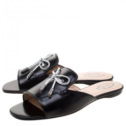 Pre Owned Tod's Limited Edition Black Leather Crystal Embellished Bow Peep Toe Flat Slides Size 38