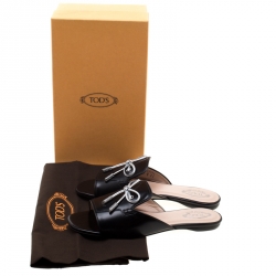 Pre Owned Tod's Limited Edition Black Leather Crystal Embellished Bow Peep Toe Flat Slides Size 38