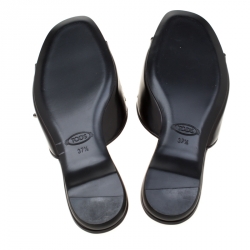 Pre Owned Tod's Limited Edition Black Leather Crystal Embellished Bow Peep Toe Flat Slides Size 37.5