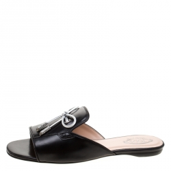 Pre Owned Tod's Limited Edition Black Leather Crystal Embellished Bow Peep Toe Flat Slides Size 37.5