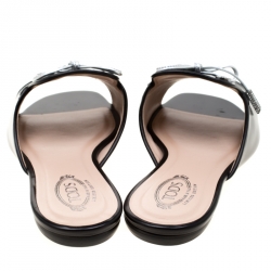 Pre Owned Tod's Limited Edition Black Leather Crystal Embellished Bow Peep Toe Flat Slides Size 37.5