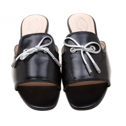 Pre Owned Tod's Limited Edition Black Leather Crystal Embellished Bow Peep Toe Flat Slides Size 37.5