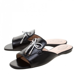 Pre Owned Tod's Limited Edition Black Leather Crystal Embellished Bow Peep Toe Flat Slides Size 37.5