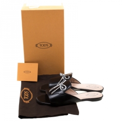 Pre Owned Tod's Limited Edition Black Leather Crystal Embellished Bow Peep Toe Flat Slides Size 37.5