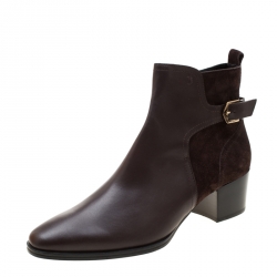 Pre Owned Tod's Brown Leather and Suede Block Heel Ankle Boots Size 40