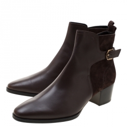 Pre Owned Tod's Brown Leather and Suede Block Heel Ankle Boots Size 40