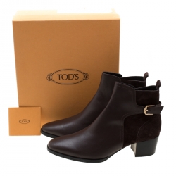 Pre Owned Tod's Brown Leather and Suede Block Heel Ankle Boots Size 40