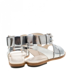 Pre Owned Tod's Metallic Silver Leather Cross Strap Flat Sandals Size 38