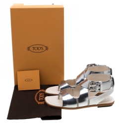 Pre Owned Tod's Metallic Silver Leather Cross Strap Flat Sandals Size 38