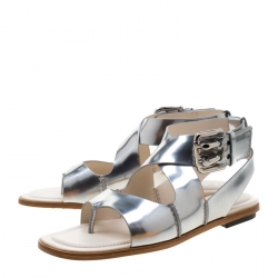 Tod's Metallic Silver Leather Cross Strap Flat Sandals Size 38.5