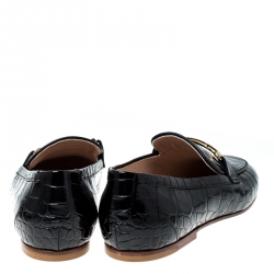 Pre Owned Tod's Black Croc Embossed Leather Double T Flat Loafers Size 38.5