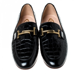 Pre Owned Tod's Black Croc Embossed Leather Double T Flat Loafers Size 38.5