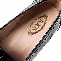 Pre Owned Tod's Black Croc Embossed Leather Double T Flat Loafers Size 38.5