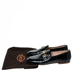 Pre Owned Tod's Black Croc Embossed Leather Double T Flat Loafers Size 38.5