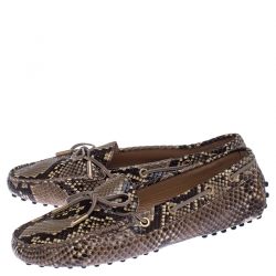 Pre Owned Tod's Brown/Beige Python Leather Gommino Bow Slip On Loafers Size 39