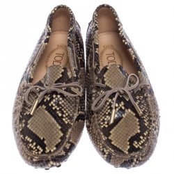 Pre Owned Tod's Brown/Beige Python Leather Gommino Bow Slip On Loafers Size 39