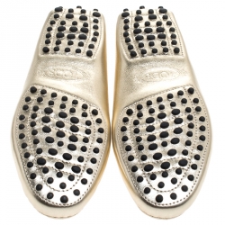 Pre Owned Tod's Metallic Gold Leather Double T Slip On Loafers Size 36