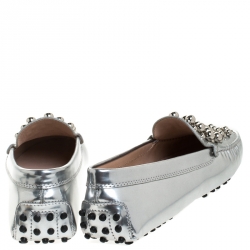 Pre Owned Tod's Metallic Silver Leather Gommini Bolle Embellished Loafers Size 36.5