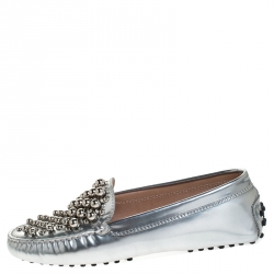Pre Owned Tod's Metallic Silver Leather Gommini Bolle Embellished Loafers Size 36.5