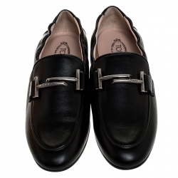 Pre Owned Tod's Black Leather T Slip On Loafers Size 36