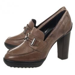 Pre Owned Tod's Brown Leather Wooden Heel Loafer Pumps Size 37