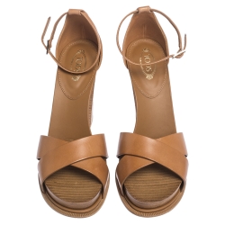 مملوكة مسبقًا Tod's Brown Leather Wooden Platform And Block Heel Ankle Strap Sandals Size 38