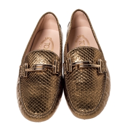 مملوكة مسبقًا Tod's Bronze Python Leather Double T Loafers Size 37.5