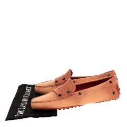 Pre Owned Tod's Pink Canvas Snap Button Embellished Penny Loafer Size 38