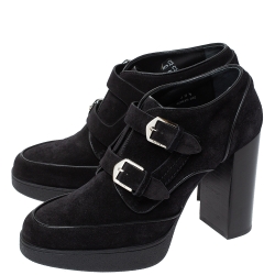 Pre Owned Tod's Black Suede Leather Platform Block Heel Ankle Booties Size 39.5
