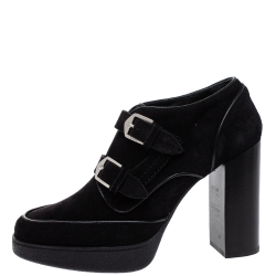Pre Owned Tod's Black Suede Leather Platform Block Heel Ankle Booties Size 39.5
