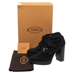 Pre Owned Tod's Black Suede Leather Platform Block Heel Ankle Booties Size 39.5