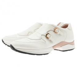 مملوكة مسبقًا Tod's White Leather Buckle Detail Sneakers Size 38.5