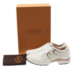 مملوكة مسبقًا Tod's White Leather Buckle Detail Sneakers Size 38.5