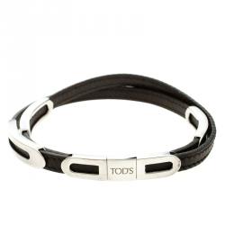 Pre Owned Tod's Brown Leather Silver Wrap Around Bracelet