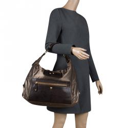 Pre Owned Tod's Olive Green/Dark Brown Nylon and Lizard Embossed Leather Pashmy Hobo