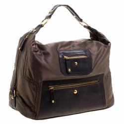 Pre Owned Tod's Olive Green/Dark Brown Nylon and Lizard Embossed Leather Pashmy Hobo