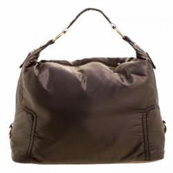 Pre Owned Tod's Olive Green/Dark Brown Nylon and Lizard Embossed Leather Pashmy Hobo