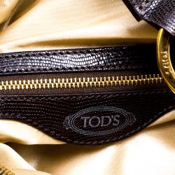 Pre Owned Tod's Olive Green/Dark Brown Nylon and Lizard Embossed Leather Pashmy Hobo