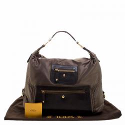 Pre Owned Tod's Olive Green/Dark Brown Nylon and Lizard Embossed Leather Pashmy Hobo